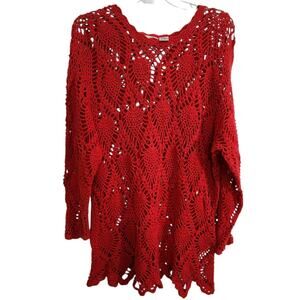 VTG Diana Marco Crochet Sweater Long Line Tunic Red Lace Ramie Cotton Holiday